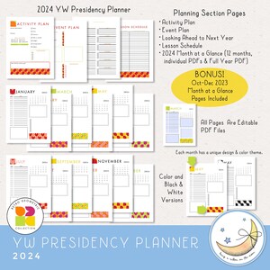 2024 LDS Young Women Presidency Planner for YW or class. Printable editable PDF files; retro geometric design in bright colors red orange yellow peach lime green pink. 64 pages, calendars, forms, agendas,  divider pages tabs, color and black & white