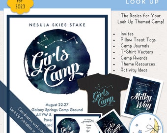 LDS Girls Young Women Camp Mini Pack: Look Up, Invitations, Posters, T-Shirt Vector, Treat Tags, Theme Ideas [Digital Download]