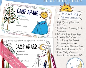 LDS Young Women Girls Camp Award Certificates, Editable Printable PDF, Coloring Book Style & Full Color [Digital Download]