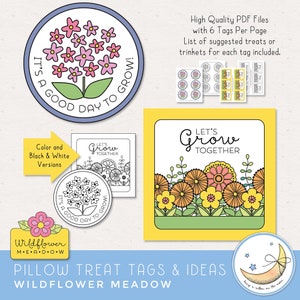 Printable LDS young women girls camp pillow treat handout tags. scatter sunshine today, it's a good day to grow, say yes to new adventures, we're rooting for you, be a wildflower and bloom, let's grow together. color and black & white.