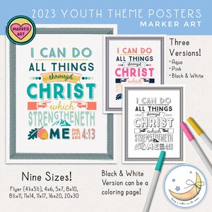 2023 Youth Theme, Young Women LDS Posters, Three Versions: Aqua, Pink, Black and White, Digital Download, All Things through Christ image 1