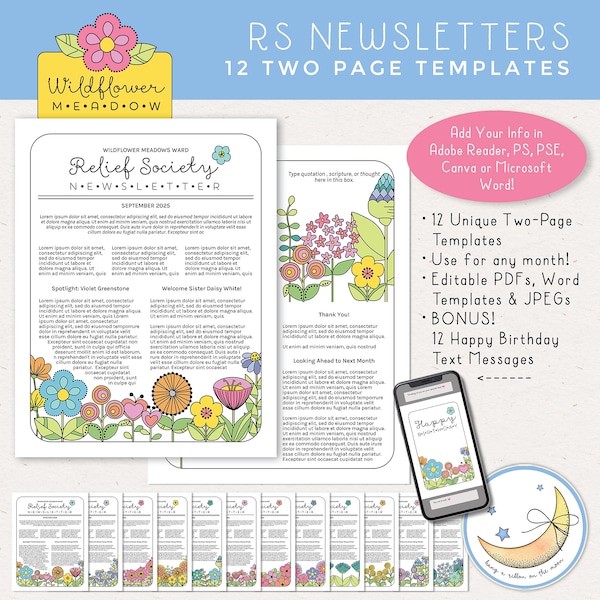 LDS Relief Society Newsletters, 12 Templates, Two Pages, Editable Adobe Reader, MS Word, Canva, Photoshop & PSE [Digital Download]