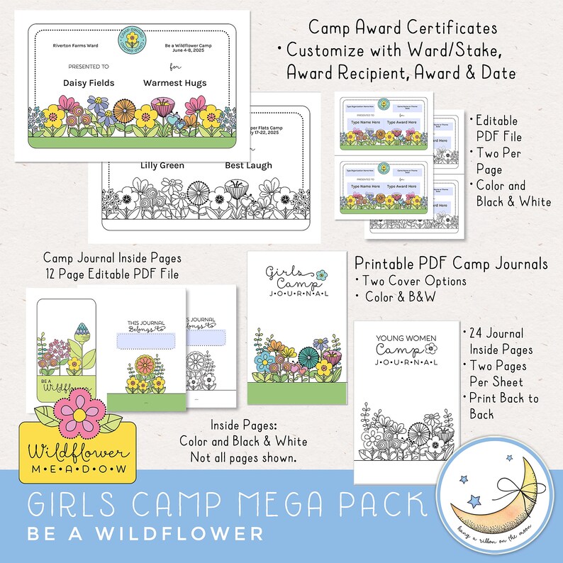 LDS Young Women Girls Camp Printables, Be a Wildflower theme, invites, posters, save the date, tshirt designs, candy bar wrappers, resources, activity ideas, clip art, award certificates, camp journals, pillow treat tags, banner. Hand drawn artwork.