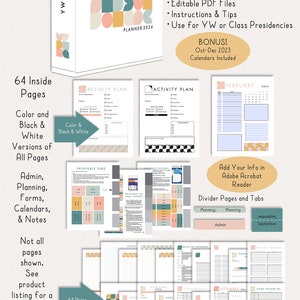 2024 LDS Young Women Presidency Planner for YW or class. Printable editable PDF files; retro geometric design in pastel colors pink peach sky blue gray gold blue. 64 pages, calendars, forms, agendas, divider pages tabs, color and black & white