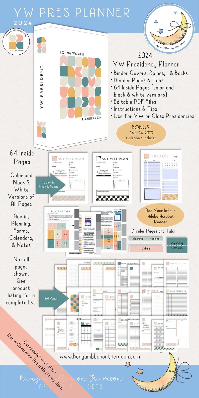 2024 LDS Young Women Presidency Planner for YW or class. Printable editable PDF files; retro geometric design in pastel colors pink peach sky blue gray gold blue. 64 pages, calendars, forms, agendas, divider pages tabs, color and black & white