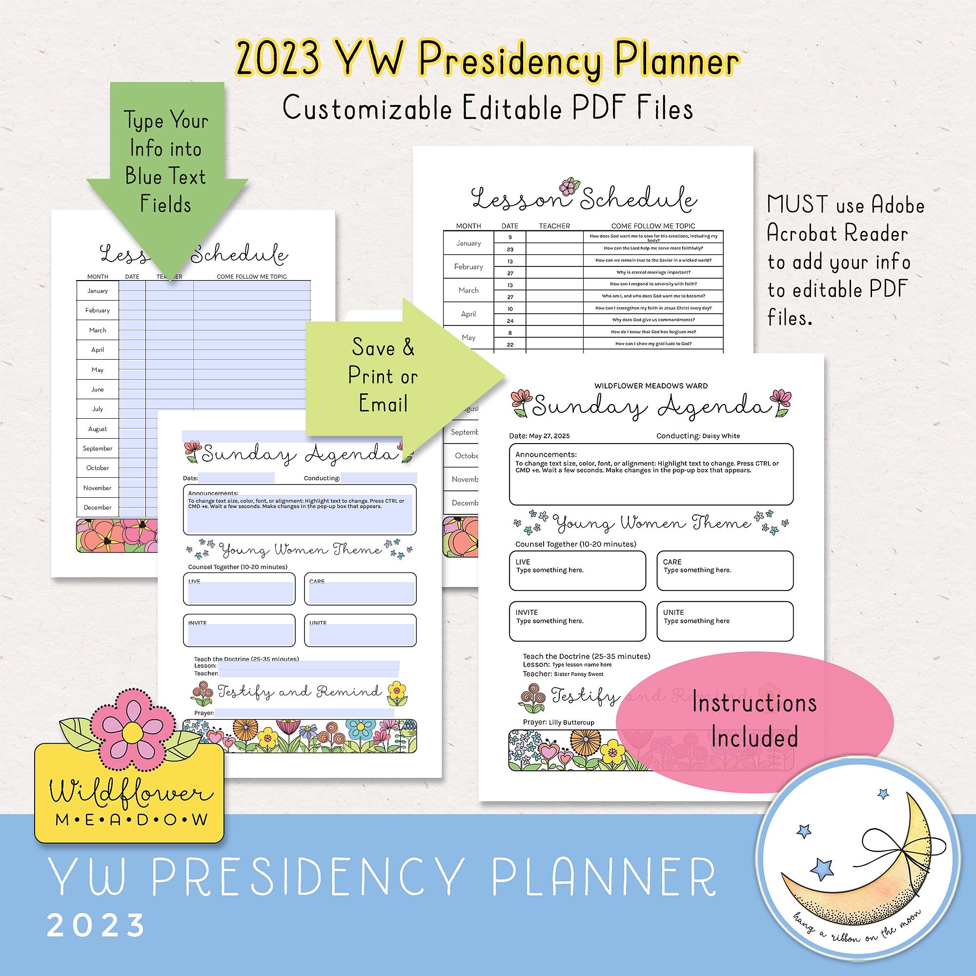 2024 LDS YW Presidency Planner, Editable PDF, Binder Covers, Divider Pages,  Tabs, 62 Printable Planner Pages in Color & Black and White 