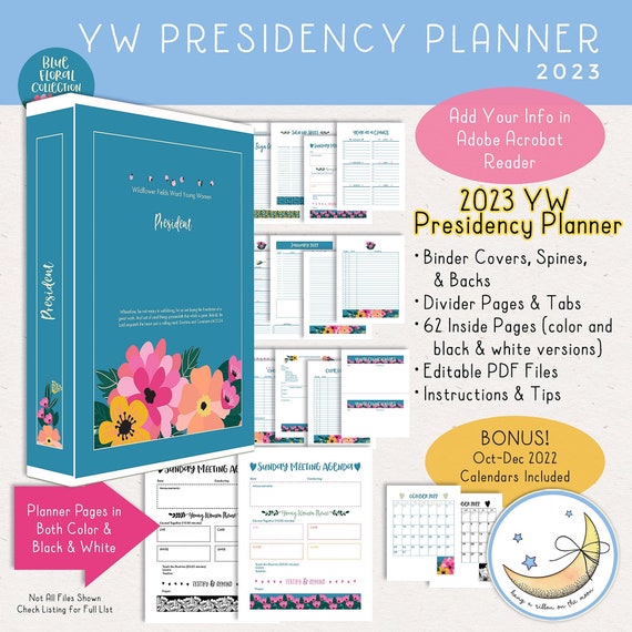 Presidency Planner 2024, LDS Young Women, Editable PDF, Binder Covers,  Divider Pages, Tabs, 64 Printable Planner Pages, Color, Black & White 
