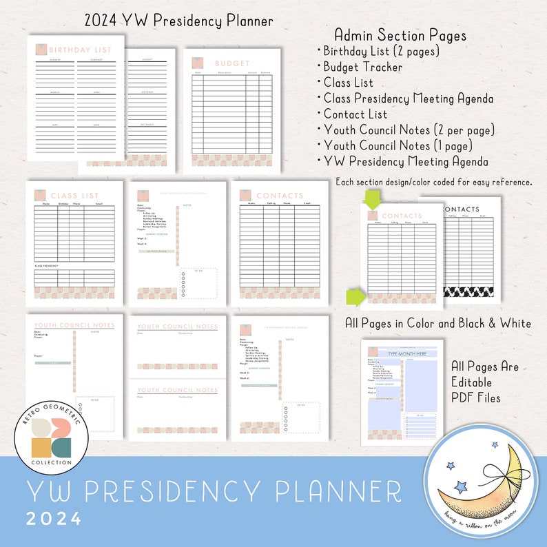 2024 LDS Young Women Presidency Planner for YW or class. Printable editable PDF files; retro geometric design in pastel colors pink peach sky blue gray gold blue. 64 pages, calendars, forms, agendas, divider pages tabs, color and black & white