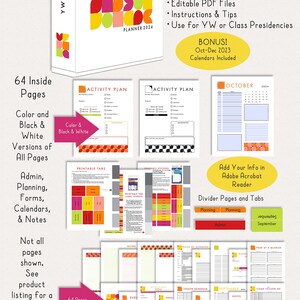 2024 LDS Young Women Presidency Planner for YW or class. Printable editable PDF files; retro geometric design in bright colors red orange yellow peach lime green pink. 64 pages, calendars, forms, agendas,  divider pages tabs, color and black & white