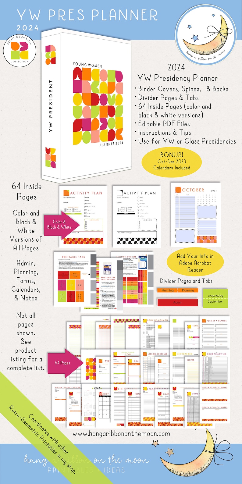 2024 LDS Young Women Presidency Planner for YW or class. Printable editable PDF files; retro geometric design in bright colors red orange yellow peach lime green pink. 64 pages, calendars, forms, agendas,  divider pages tabs, color and black & white