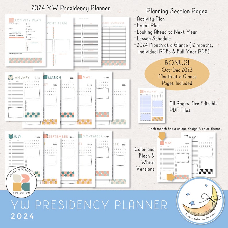 2024 LDS Young Women Presidency Planner for YW or class. Printable editable PDF files; retro geometric design in pastel colors pink peach sky blue gray gold blue. 64 pages, calendars, forms, agendas, divider pages tabs, color and black & white