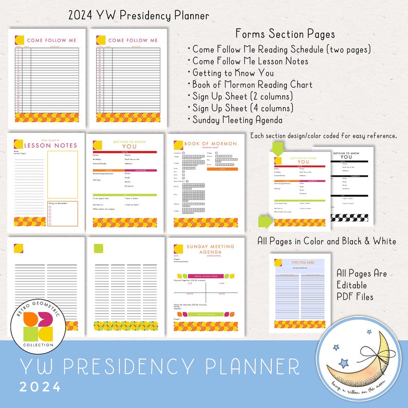 2024 LDS Young Women Presidency Planner for YW or class. Printable editable PDF files; retro geometric design in bright colors red orange yellow peach lime green pink. 64 pages, calendars, forms, agendas,  divider pages tabs, color and black & white