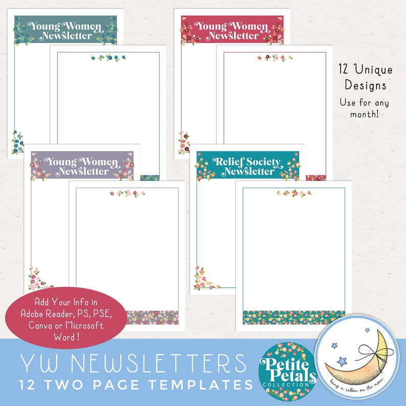 LDS Young Women YW newsletter templates for a full year, 12 months. Bitty flowers and bright colors on each page. Includes happy birthday text messages. Editable PDF file templates, Microsoft Word templates & JPEGs. Instructions included.