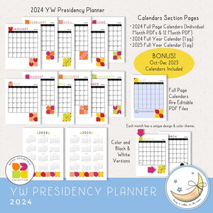 2024 LDS Young Women Presidency Planner for YW or class. Printable editable PDF files; retro geometric design in bright colors red orange yellow peach lime green pink. 64 pages, calendars, forms, agendas,  divider pages tabs, color and black & white