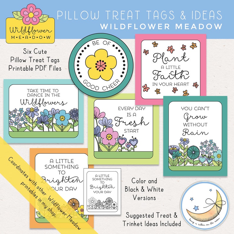 LDS Young Women Girls Camp Pillow Treat tags. Be of good cheer. Plant a little seed of faith in your heart. Take time to dance in the wildflowers. Every day is a fresh start. You cant grow without rain. A little something to brighten your day.