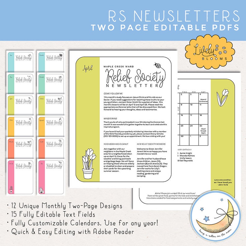 lds relief society newsletter templates with flower graphics in green, pink, coral, goldenrod, aqua, and blue. lively blooms. editable pdf files, jpeg files for canva, Microsoft word template files.
