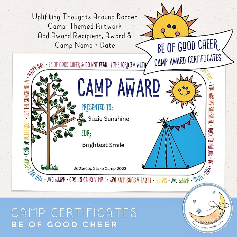 LDS Young Women Girls Camp Award Certificates, Editable Printable PDF