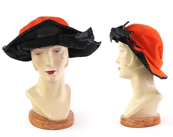 RARE Early 1920s Orange & Black Bicorn Hat - 1920s Cavalier Hat - 1920s Musketeer Hat - 20s Halloween Hat - 1920s Orange Hat - 1920s Cloche