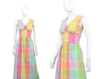 1970s Rainbow Maxi Dress - 70s Rainbow Dress - 70s Rainbow Plaid Dress - Vintage Rainbow Dress - Vintage Rainbow Maxi | Size Extra Small