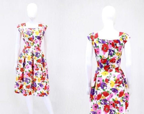 Vintage Spring Floral Dress - 1980s does 1950s Dress - Vintage Floral Dress - Vintage Spring Dress - Vintage Sheath Dress | Size Medium