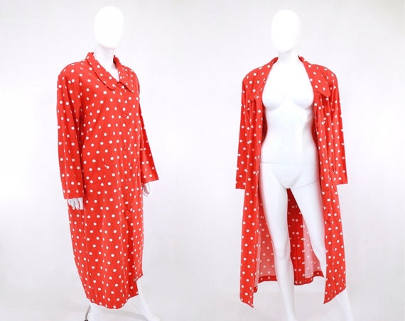 1980s Red & White Polka Dot Duster Trench Coat - 1980s Camp Coat - Vintage Duster Coat - Vintage Polka Dot Coat - Vintage Coat | Size Large