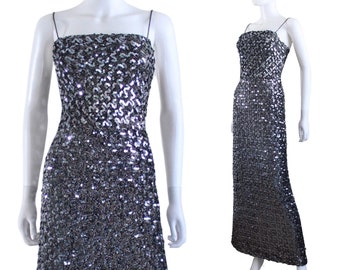 1970s Gun Metal Silver Sequin Wiggle Maxi Dress - 1970s Sequin Dress - 1970s Silver Dress - Vintage Sequin Wiggle Dress | Size Small