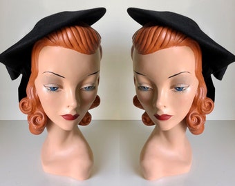 RESERVED | 1940's Inky Black Felt Pancake Platter Tam Beret Tilt Hat with Large Grosgrain Ribbon Bow and Security Strap