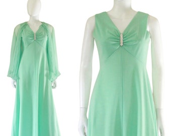 1960s Mint Green Rhinestone Evening Gown - Vintage Mint Green Dress - 1960s Green Maxi Dress - 60s Dress | Size Medium