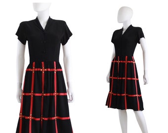 1940s Black & Red Day Dress with Gold Studs - 1940s Studded Dress - 1940s Black and Red Dress - 1940s Ribbon Dress - 40s Dress | Size Small