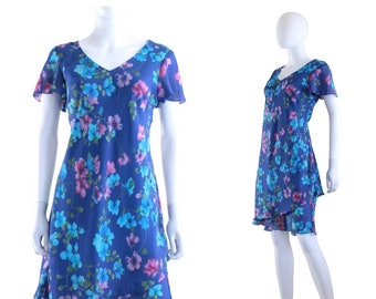 Y2k Blue & Purple Floral Sheath Dress - Y2k Blue Summer Dress - Y2k Purple Summer Dress - Vintage Floral Summer Dress | Size Medium / Large