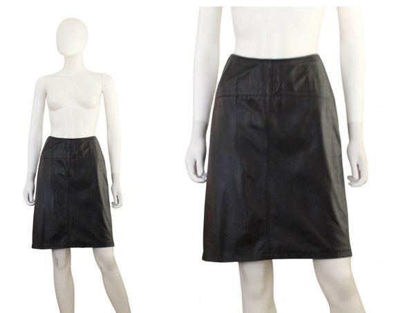 1990s Express Black Leather Mini Skirt - Vintage Black Leather Skirt - Vintage Leather Mini Skirt - 1990s Genuine Black Skirt | Size Small