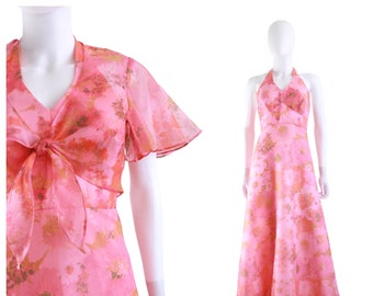 1970s Hot Pink & Orange Floral Halter Maxi Dress with Matching Bolero - 1970s Pink Floral Chiffon Dress - 1970s Halter Dress | Size Small