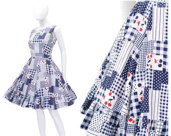 1960s Cherry Patchwork Novelty Print Dress - 1960s Red White & Blue Dress - 1960s Fit and Flare Gingham Dress - Summer Dress | Size Small