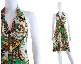 1970s Psychedelic Print Jersey Halter Dress - 1970s Halter Dress - 1970s Psychedelic Dress - 70s Green Dress - 70s Yellow Dress | Size Small