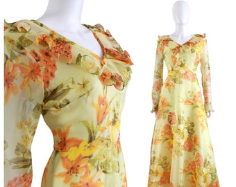 1970s Yellow & Orange Floral Chiffon Maxi Dress - 1970s Floral Chiffon Dress - 1970s Floral Maxi Dress - 70s Fall Floral Dress | Size Small