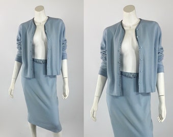MINT 1960's Jantzen Pale Cornflower Blue Knitwear 3 Piece Cardigan Sweater Calf Length Wiggle Skirt & Original Belt Set | Size Small/Medium