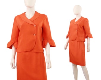 1960s Tangerine Orange Silk Suit - 1960s Orange Suit - 1960s Womens Suit - Womens Orange Suit - Mid Century Suit - 60s Suit | Size Small