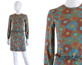 1960s Jewel Tone Abstract Print Wiggle Dress - 1960s Mod Print Dress - Vintage Fall Color Dress - Vintage Mod Dress - 60 Dress | Size Small