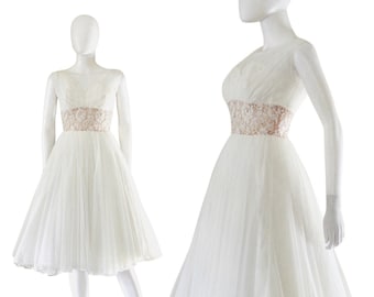 1950s Lilli Diamond White Sheer Chiffon Fit & Flare Dress with Rhinestone Illusion Waist - 50s Wedding Dress - 50s White Dress | Size Small