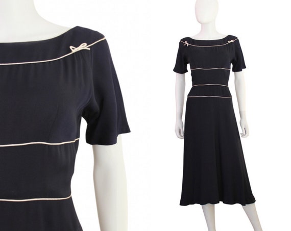 1950s Navy Blue Swing Dress with Bow Detail - 1950s Swing Dress - 1950s Navy Blue Dress - 1950s Day Dress - Vintage Swing Dress | Size Small