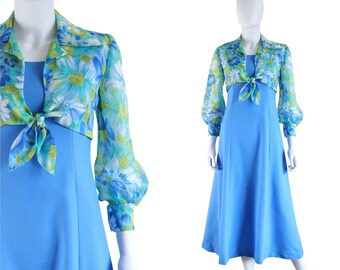 Late 1960s / 1970s Dress & Matching Blouse Set - 1970s Floral Dress Set - 1970s Blue Floral Dress - Spring Floral Dress Set | Size Small