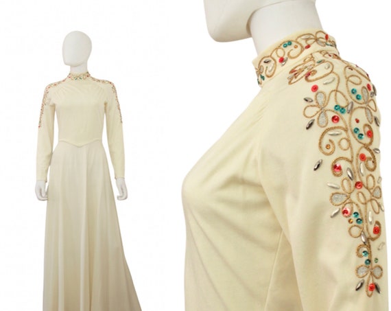 1960s Holiday Evening Gown - 1960s Ivory Gown - 1960s Rhinestone Evening Gown - 1960s Holiday Hostess Gown - Vintage Ivory Gown | Size Small