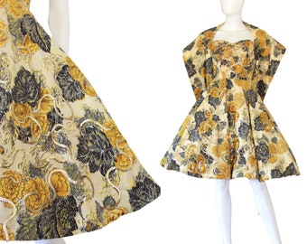 GORGEOUS 1950s Blue & Yellow Floral Dress with Sequins and Matching Wrap - 1950s Fit and Flare Dress - 1950s Cocktail Dress | Size Small