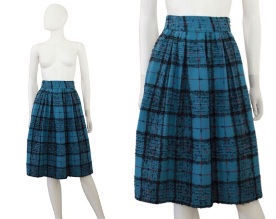 1960s Blue Plaid Wool Skirt - 60s Blue Skirt - 1960s A-Line Skirt - 60s Pleated Skirt - 60s Plaid Skirt - Vintage Plaid Skirt | Size Small