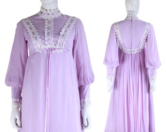 1970s Renaissance Revival Pastel Lavender Purple Chiffon Maxi Dress with White Lace Dress - Coquette Dress - 70s Lavender Dress | Size XS