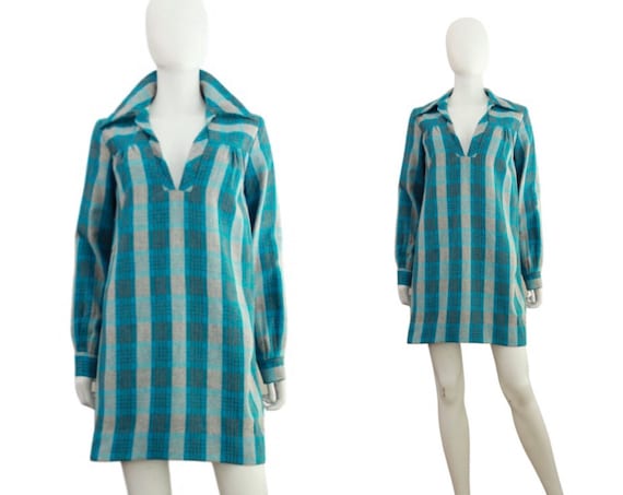 1970s Teal Wool Plaid Tunic Dress - 1970s Plaid Dress - 1970s Blue Plaid Dress - Vintage Wool Plaid Dress - 1970s Tunic Dress | Size Small