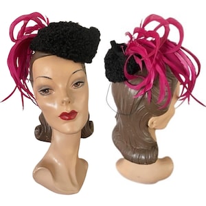 1940s Black Curly Lamb Tilt Hat with Cerise Pink Feather Plume - 40s Womens Hat - Vintage 1940s Hat - Vintage Tilt Hat - Vintage Toy Hat