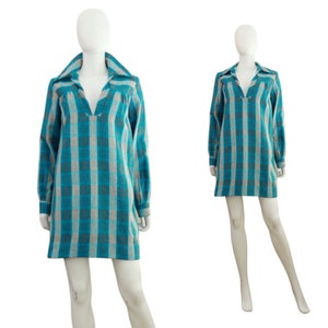1970s Teal Wool Plaid Tunic Dress 1970s Plaid Dress 1970s Blue Plaid Dress Vintage Wool Plaid Dress 1970s Tunic Dress Size Small image 1