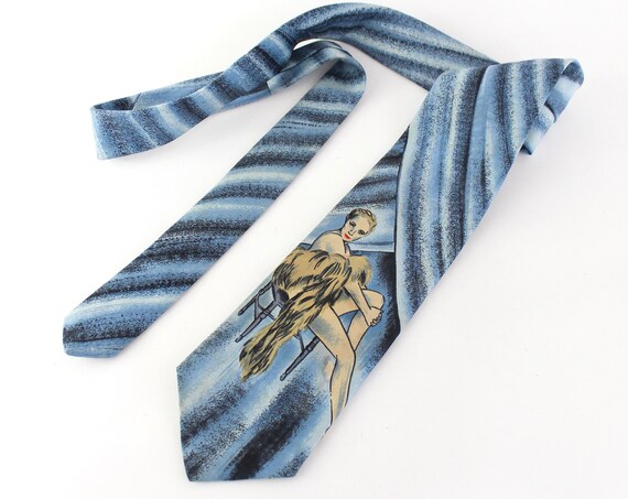 RARE 1940s Risqué Necktie - 1940s Hand Painted Silk Necktie - 1940s Pin Up Necktie - 1940s Burlesque Necktie - 1940s Novelty Necktie