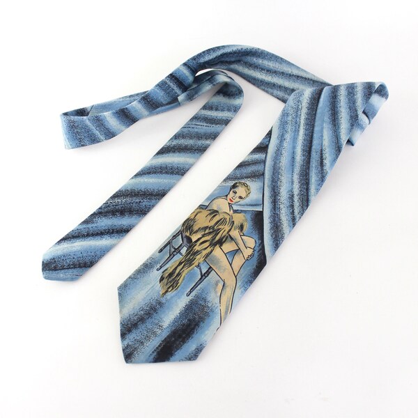 RARE 1940s Risqué Necktie - 1940s Hand Painted Silk Necktie - 1940s Pin Up Necktie - 1940s Burlesque Necktie - 1940s Novelty Necktie